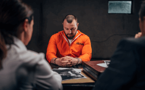 two people talking to a man with handcuffs