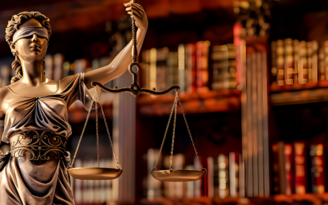 blindfolded woman weighing a scale