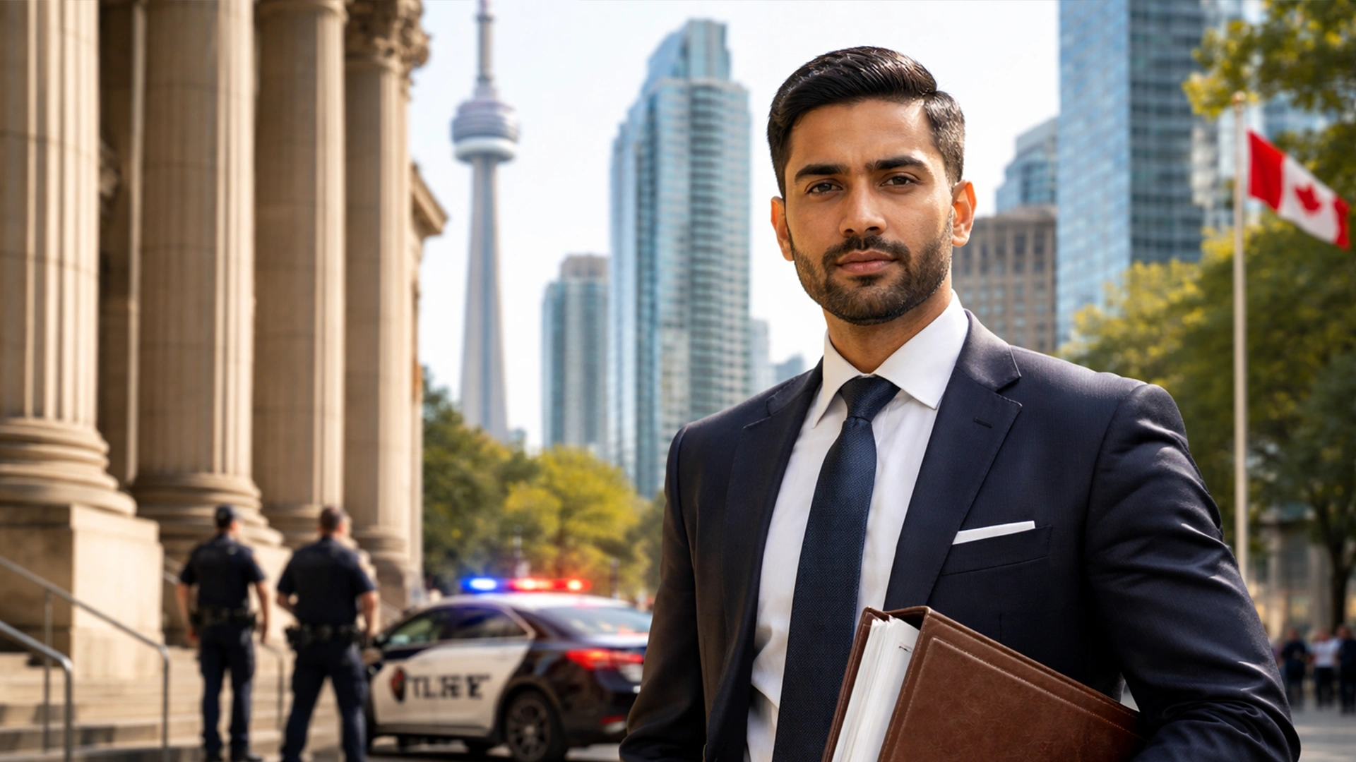 Criminal defence lawyer outside a Toronto courthouse for a fraud under 5000 charge